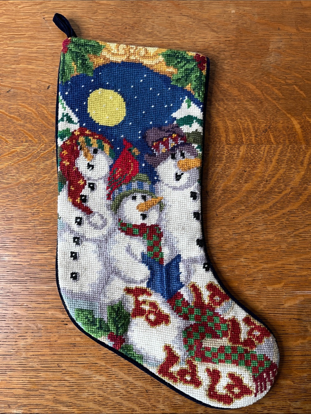 Vintage Snowman cardinal Needlepoint Wool Christmas Stocking Velvet back. EUC